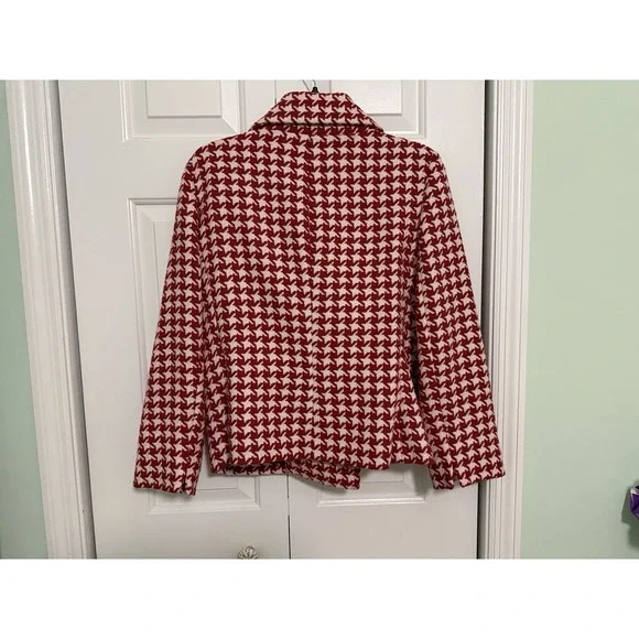 Talbots Moto Red White Houndstooth Wool Zip Up Jacket Size 10 Coat - Picture 7 of 9